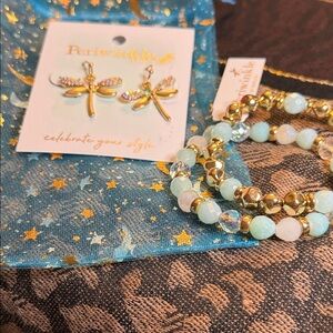 Dragonfly Earrings and Beaded Bracelet Set - Gold and Blue